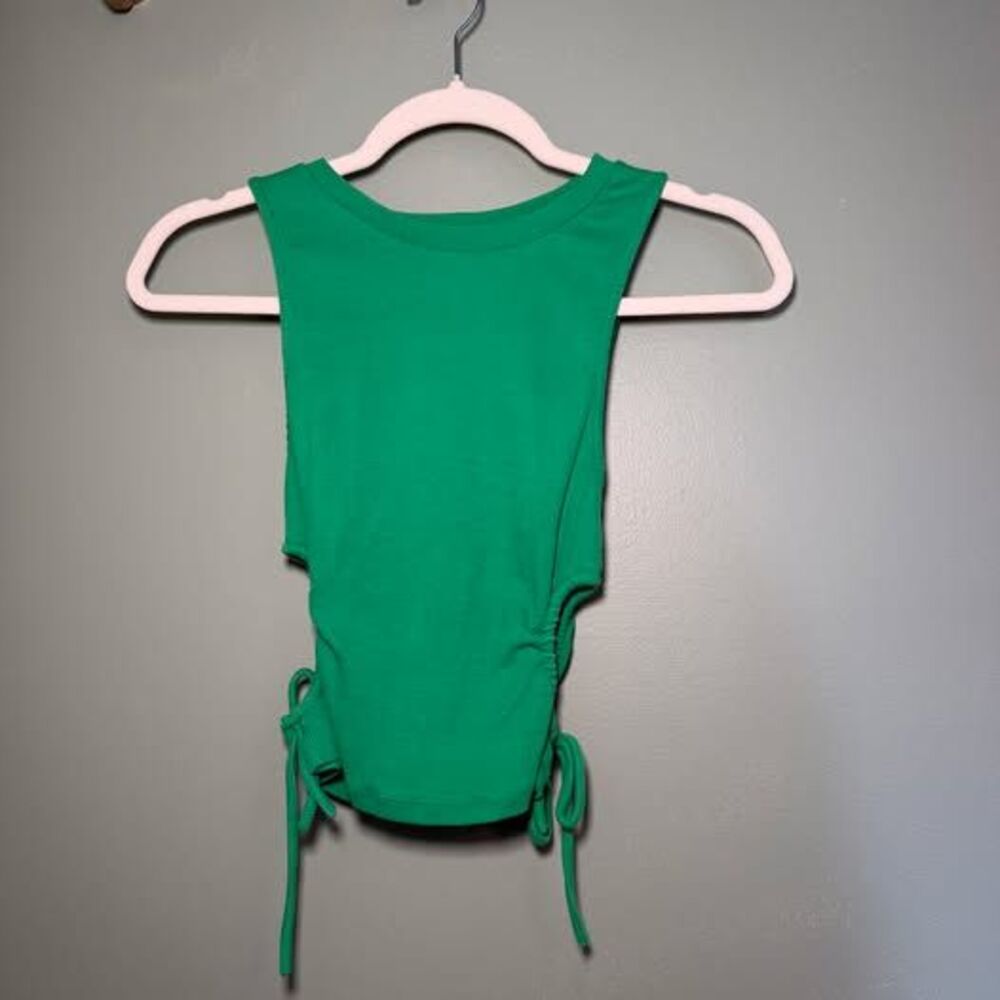 Zara Tank Top Adult L Green Ribbed Sleeveless Cutout Ruched Stretched  Knit Crop